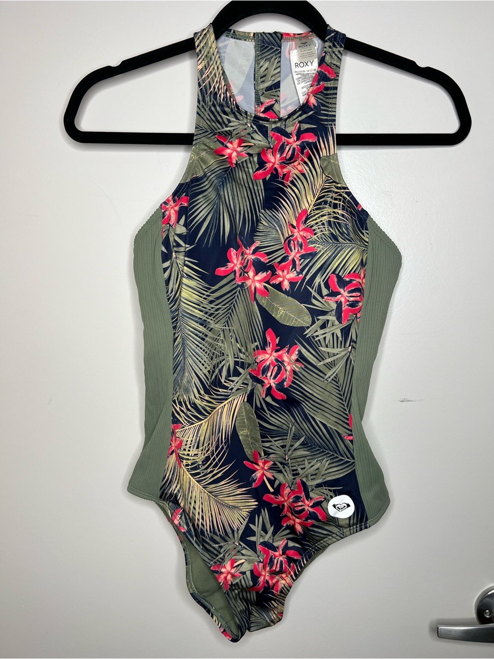 Roxy Tropical High-Neck One-Piece Swimsuit - Olive & Black Floral